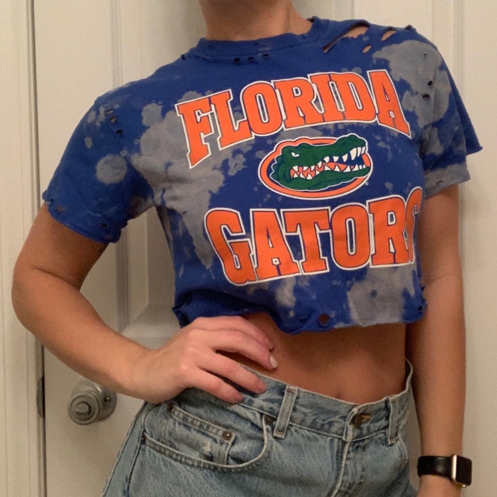 Repurposed, distressed Univ. of Florida croptop